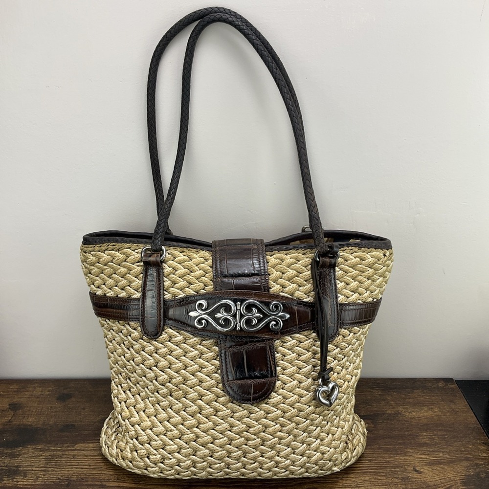 Brighton Straw Tote KORA Lined Purse Bag w/ Leather Trim & Heart Charm Vintage
